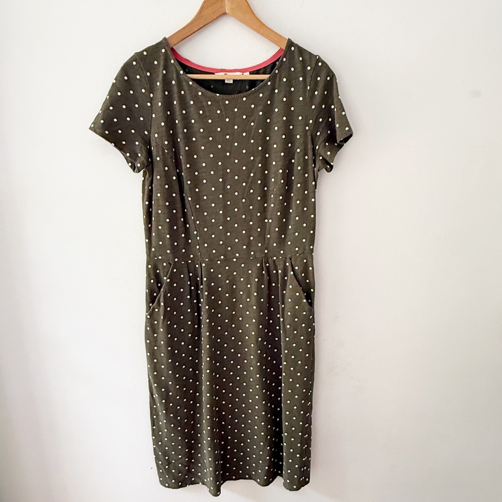 Boden Polka Dot Dress Women 8L Olive Green 100% Cotton Casual Earthy Classic